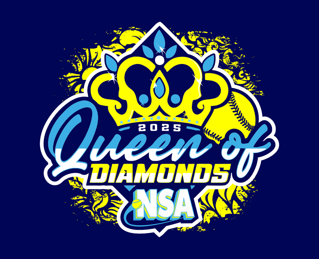 Colorful “Queen of Diamonds NSA 2025” graphic with a crown, a yellow softball, and decorative blue and yellow elements on a dark background.