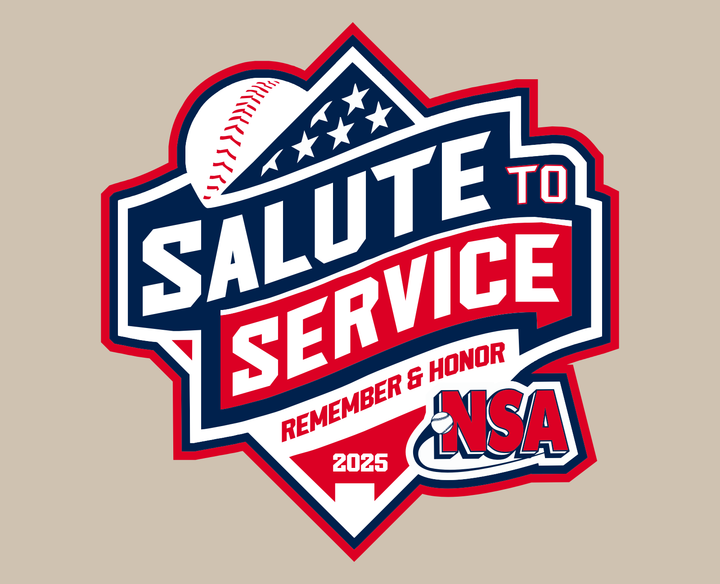 Red, white, and blue badge logo with a baseball, American flag, and the words Salute to Service, Remember & Honor, NSA, 2025 in bold letters.