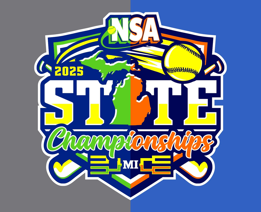 Colorful logo for the 2025 NSA State Championships in Michigan, featuring a softball, bat, map of Michigan, and bold text on a blue and gray split background.