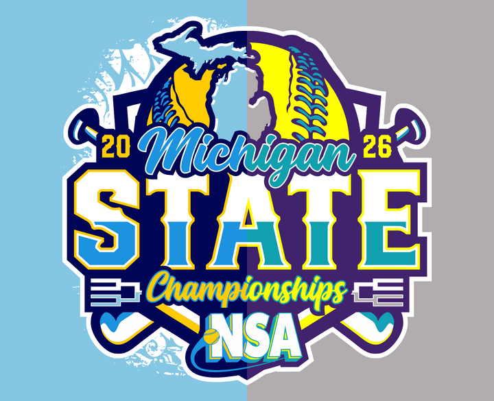 Colorful logo for the 2025 NSA State Championships in Michigan, featuring a softball, bat, map of Michigan, and bold text on a blue and gray split background.