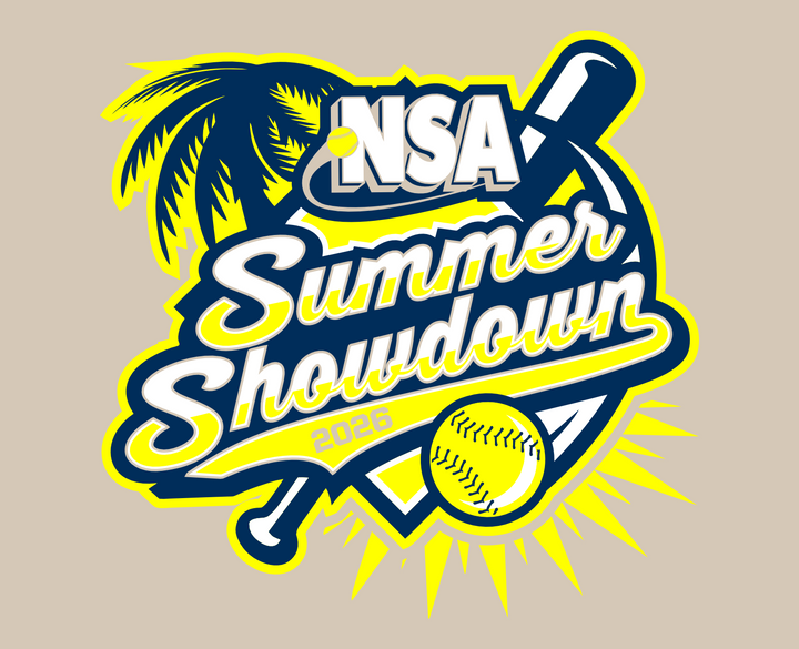Logo for the NSA Summer Showdown 2025 featuring palm trees, a baseball, and bold text on a yellow background with red paint splatters and a stylized home plate and softball stitching.
