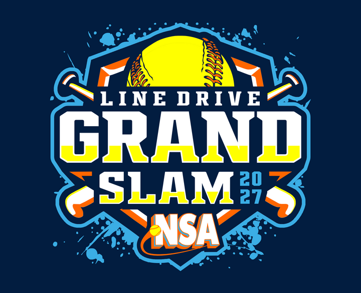 Graphic logo for the 2027 Line Drive Grand Slam NSA softball tournament, featuring a softball and two crossed bats over a blue shield.