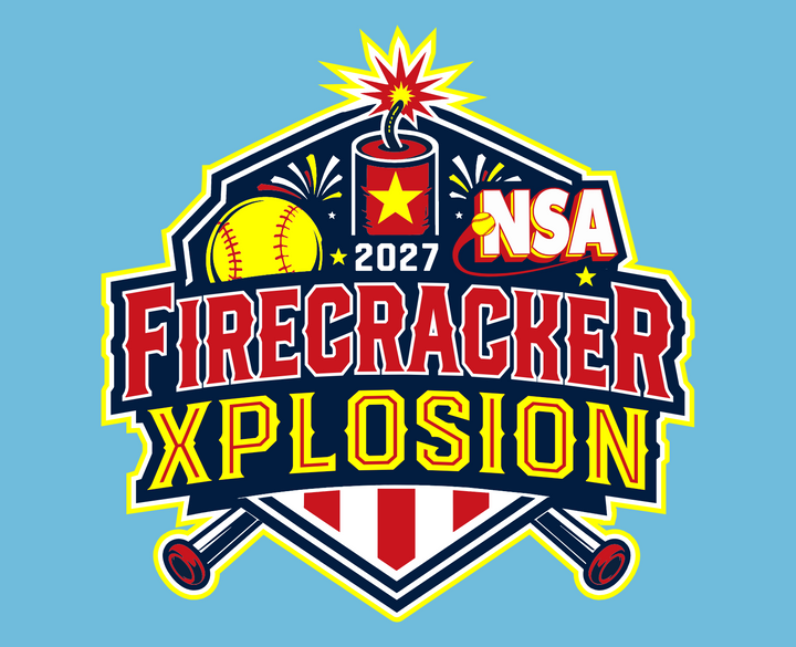 NSA 2027 Firecracker Xplosion softball tournament logo featuring a firecracker, a softball, and two crossed bats over a patriotic shield.