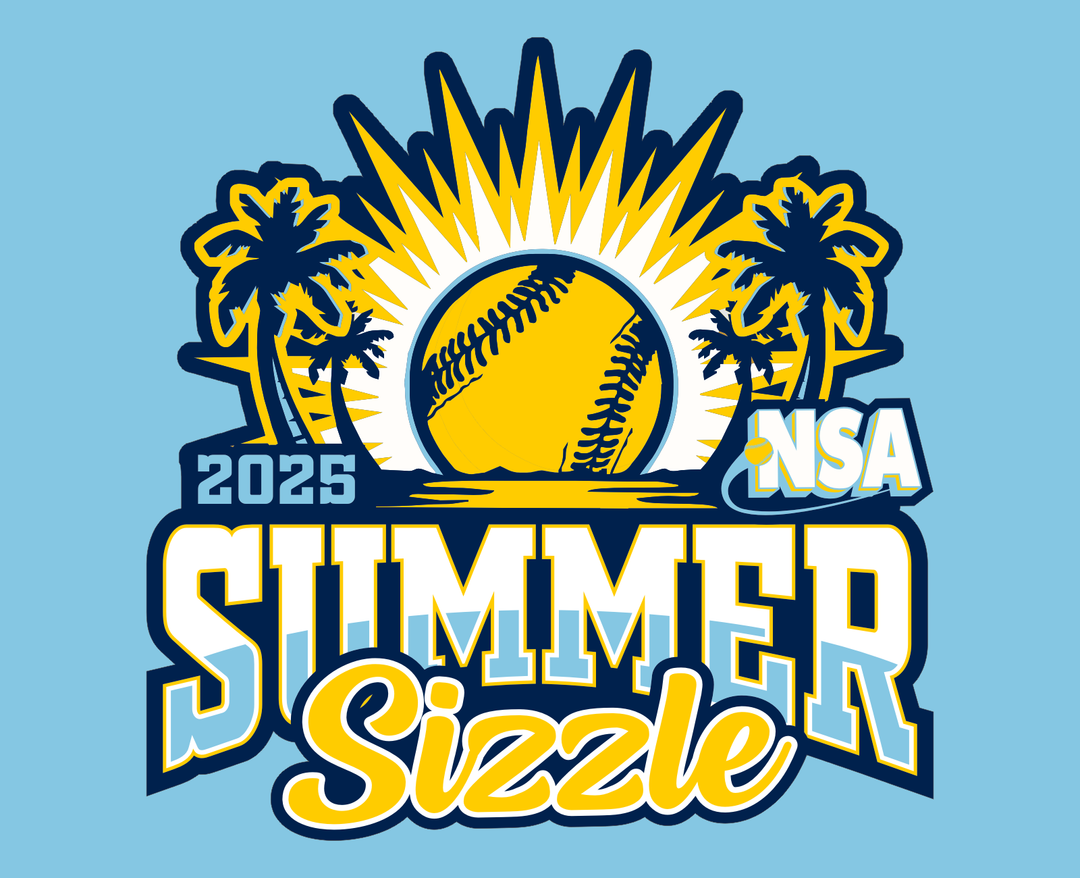 Logo with a softball, sunburst, and palm trees. Text reads 2025 NSA Summer Sizzle in bold yellow, white, and navy blue on a light blue background.