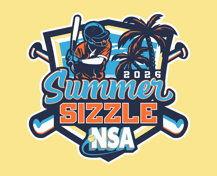 Logo with a softball, sunburst, and palm trees. Text reads 2025 NSA Summer Sizzle in bold yellow, white, and navy blue on a light blue background.
