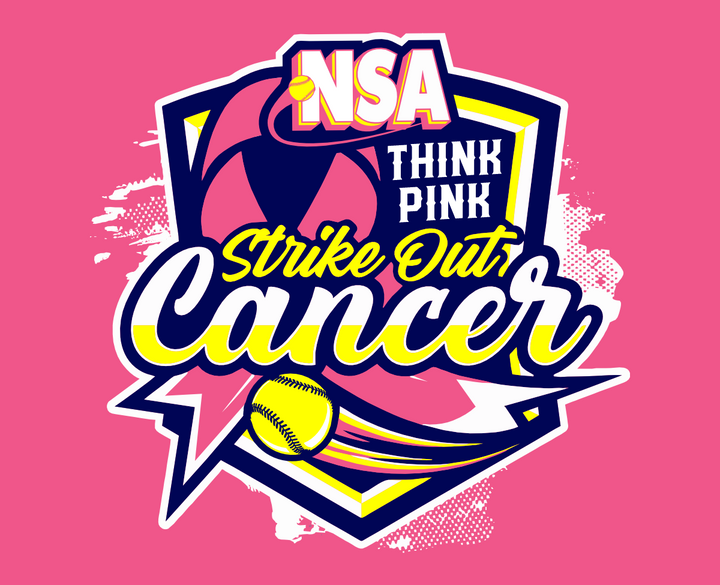 A graphic with a softball, a pink ribbon, and bold text reading NSA Think Pink Strike Out Cancer on a pink background, promoting cancer awareness and support.