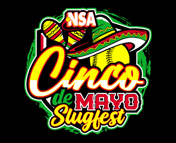 Cinco de Mayo Slugfest logo featuring a sombrero, maracas, and a softball with bold, colorful text and festive green, yellow, black, and red accents.