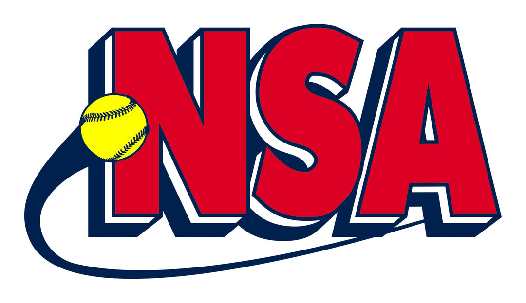 Logo with bold red letters NSA outlined in blue and white. A yellow softball appears to be moving from left to right, trailing a curved blue line below the text.