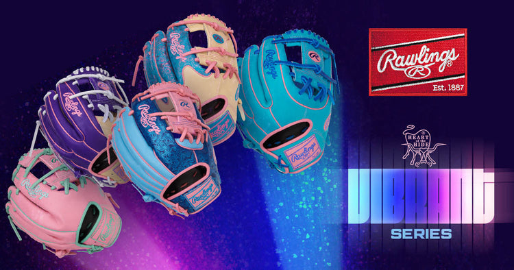 Five colorful Rawlings baseball gloves from the Vibrant Series are displayed on a purple and blue sparkling background, with the Rawlings logo and Heart of the Hide Vibrant Series text.