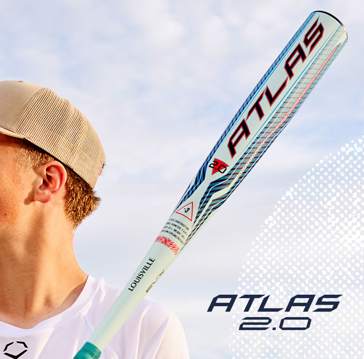 A person in a tan cap holds a 2027 Louisville Slugger Atlas 2.0 (-3) BBCOR Baseball Bat (model WBL4248010) over their shoulder, with the Louisville Slugger branding clearly visible against a bright sky.