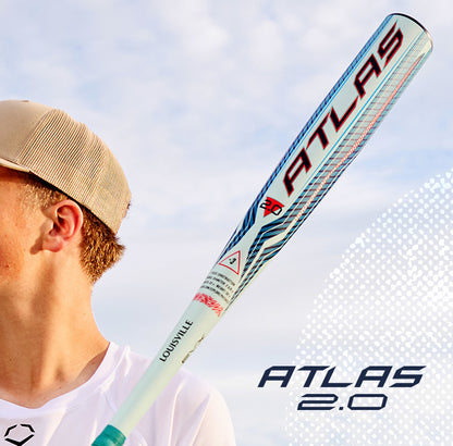 A person in a tan cap holds a 2027 Louisville Slugger Atlas 2.0 (-3) BBCOR Baseball Bat (model WBL4248010) over their shoulder, with the Louisville Slugger branding clearly visible against a bright sky.