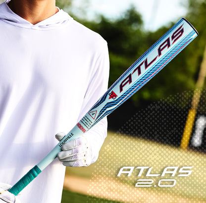 On the field, a baseball player in a white hoodie holds the Louisville Slugger 2027 Atlas 2.0 (-3) BBCOR Baseball Bat (WBL4248010), which showcases eye-catching blue, red, and white graphics. Crafted by Louisville Slugger with advanced EVX Alloy Technology for improved performance, this bat delivers a balanced swing weight for smooth and powerful hits. The “ATLAS 2.0” graphic is displayed in the bottom right corner of the image.