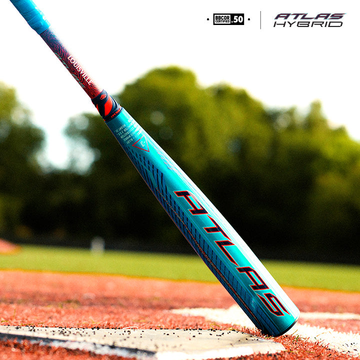 Close-up of the 2027 Louisville Slugger Atlas Hybrid (-3) BBCOR Baseball Bat: WBL4246010 with EVOKE Alloy Barrel on a dirt field, blurred green trees and grass in the background. Atlas Hybrid logo appears in the top right corner.