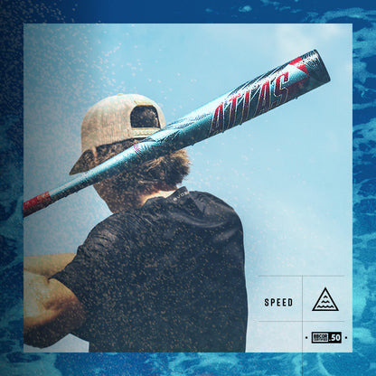 Wearing a baseball cap and dark shirt, a person swings the 2026 Louisville Slugger Atlas (-3) BBCOR Baseball Bat (WBL4116010) against a bright sky with water spray in the background.