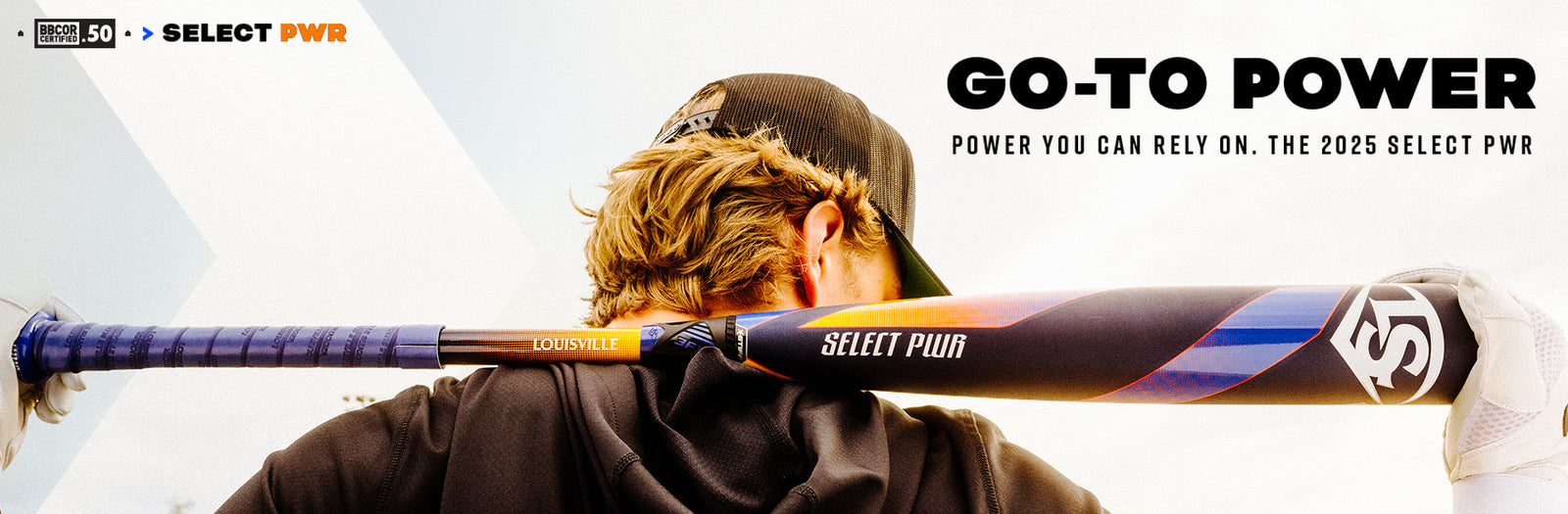 A baseball player with long hair holds a colorful Select PWR bat over his shoulder, facing away from the camera. Bold text reads, GO-TO POWER. Power you can rely on. The 2025 Select PWR.