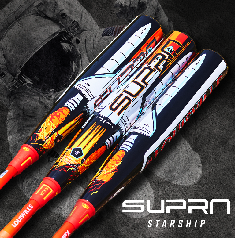 Three 2026 Louisville Slugger Supra Starship (-10) USSSA bats with rocket ship designs are shown on a black-and-white background with an astronaut and "SUPRN STARSHIP" text, showcasing Louisville Slugger’s bold style.