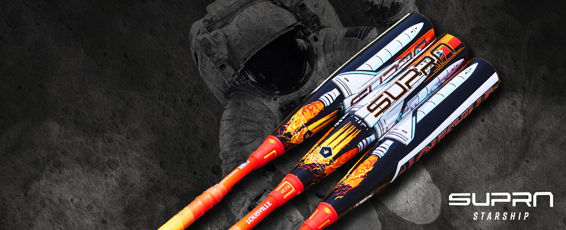 Three colorful baseball bats with rocket and flame designs are displayed diagonally on a dark background featuring an astronaut and the moon, with the text SUPRN STARSHIP in the lower right corner.
