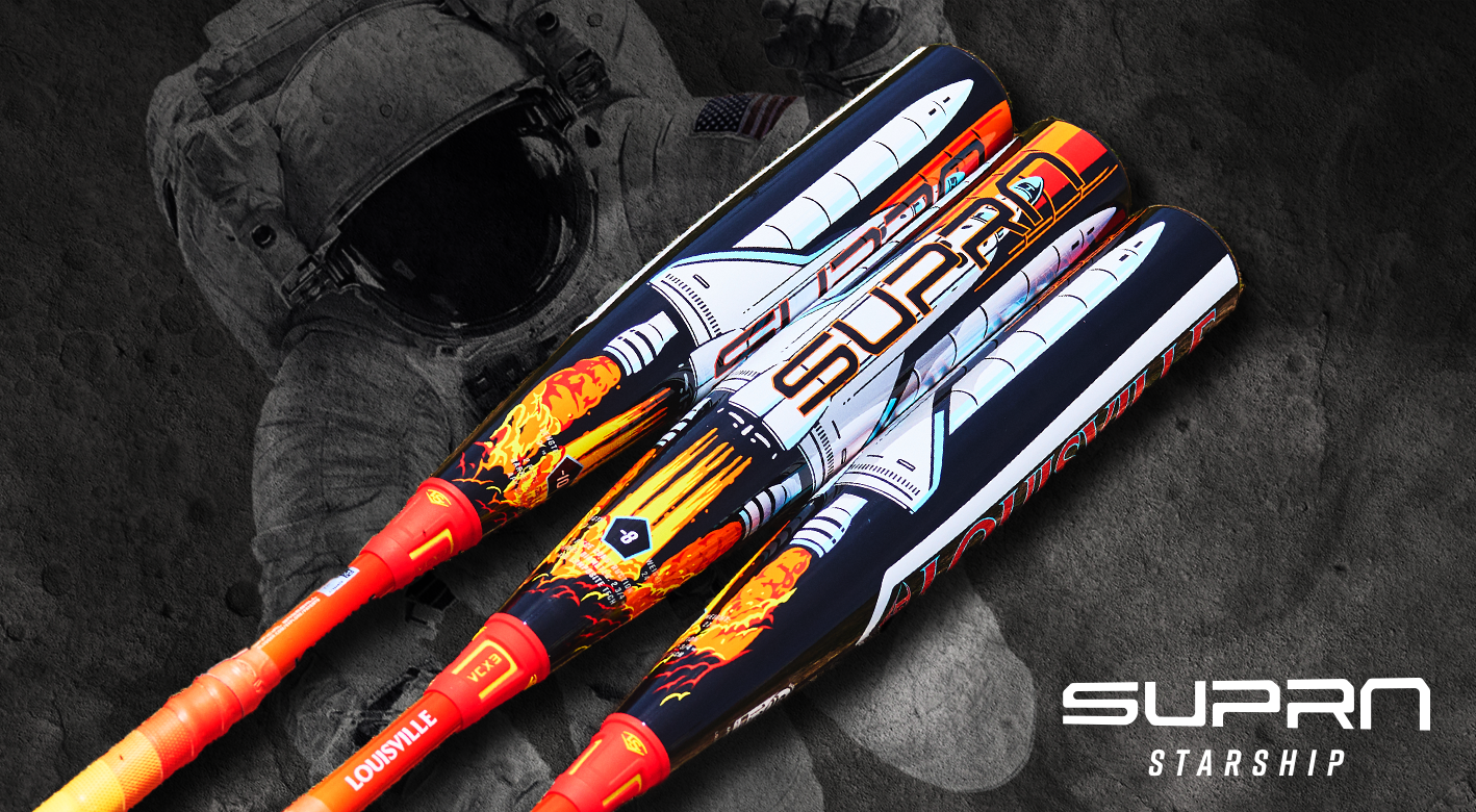 Three colorful baseball bats with rocket ship graphics are arranged side by side. In the background, there is a faint image of an astronaut in a spacesuit. The text “SUPRN Starship” appears in the lower right corner.