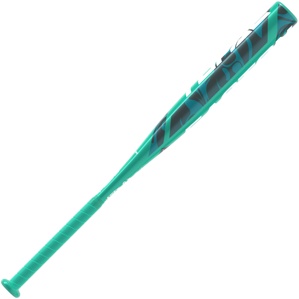 The 2025 Easton Topaz (-10) Fastpitch Softball Bat (EFP5TPZ10) features a turquoise and black design, stylized barrel graphics, and a wrapped handle, showcased against a white background.