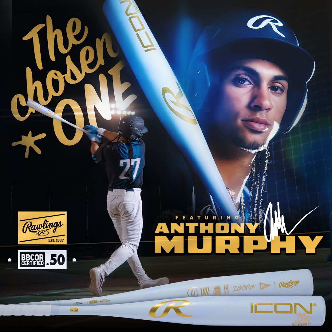 A baseball player swings a bat under bright lights, with bold text: “The Chosen ONE.” An inset highlights Anthony Murphy’s face and signature. At the bottom is the 2026 Rawlings Icon The Chosen One (-3) BBCOR Baseball Bat (RBB6IONE3).
