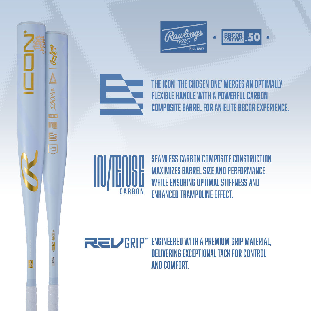 Two silver 2026 Rawlings Icon The Chosen One (-3) BBCOR Baseball Bats stand upright on the left. On the right, text highlights the flexible handle, carbon composite barrel, seamless construction, and comfortable REV GRIP™.