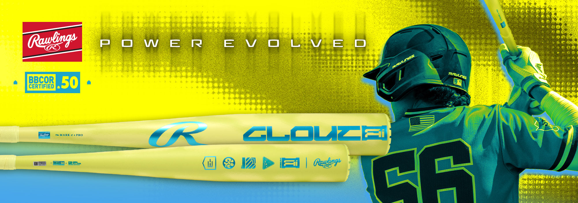 A baseball player in a helmet holds a yellow Rawlings bat, with two close-up images of the bat below and the text “Rawlings Power Evolved” and “BBCOR Certified 50” on a bright yellow and blue background.