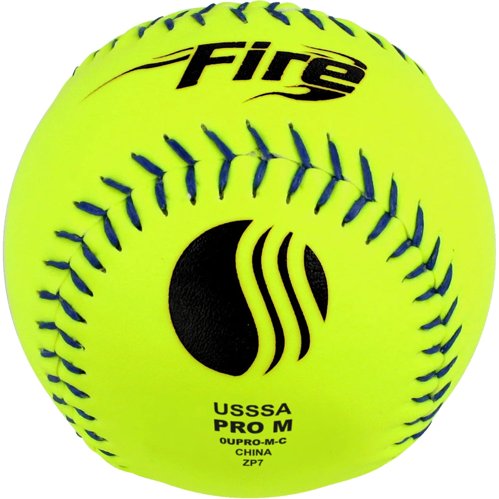 The Baden USSSA Fire Pro M 12" 44/375 Composite Slowpitch Softball features a bright yellow cover, blue stitching, "Fire" printed in black, the USSSA PRO M mark, and a black flame logo—perfect for USSSA slowpitch games.