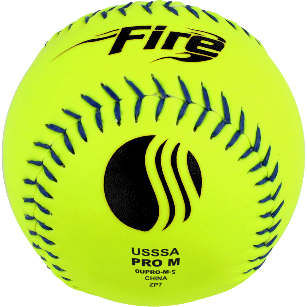 The Baden USSSA Fire Pro M 12" 44/375 Synthetic Slowpitch Softball features a bright yellow cover, blue stitching, black Fire branding, and USSSA PRO M text—ideal for USSSA slowpitch softball play. Model: 0UPRO-M-S-00.