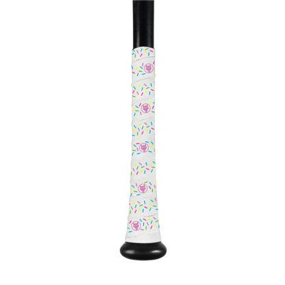 The VukGripz Bat Grip Tape by VukGripz features a black baseball bat handle wrap with a white background and pink frosted donuts with colorful sprinkles, providing optimum grip.