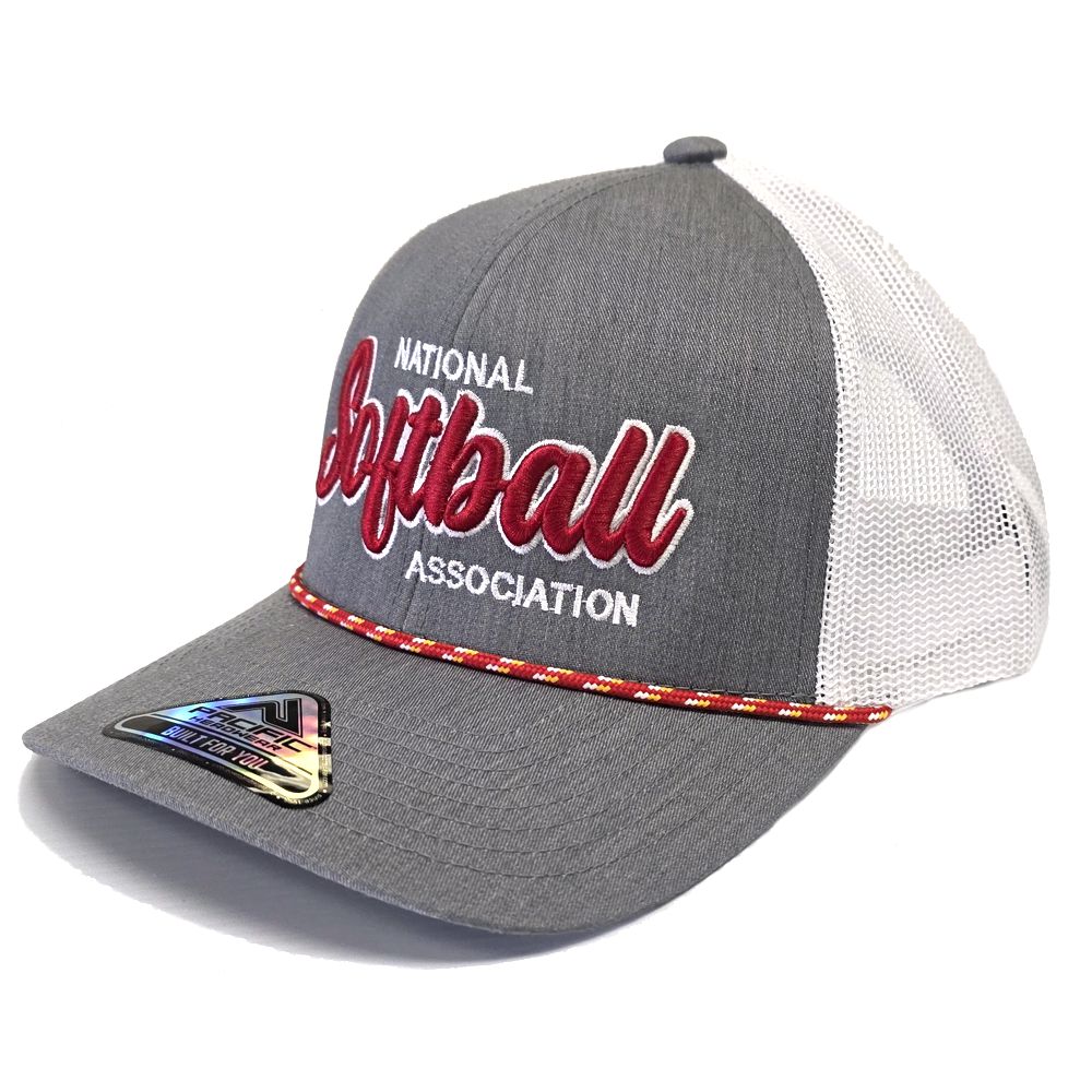 The Pacific Headwear NSA Script Trucker Snapback Braid Hat (104BR) features a gray and white mesh design with "National Softball Association" embroidered in red and white, plus a red and yellow rope across the brim for classic style.