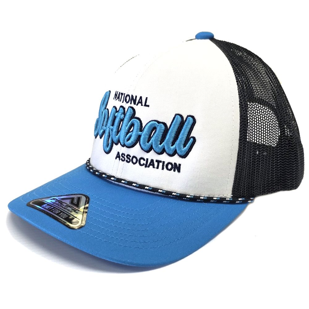 The Pacific Headwear NSA Script Trucker Snapback Braid Hat (104BR) comes in Navy-Panther Teal, with a mesh back and "National Softball Association" embroidered in blue and black 3D script on the front.