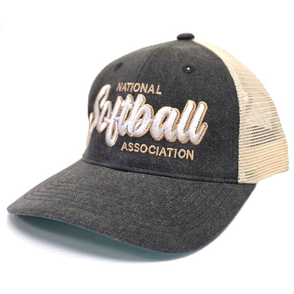 The Pacific Headwear NSA Script Ladies Ponytail Cap: P130 is a gray and beige mesh softball cap with "National Softball Association" embroidered in white and tan on the front, styled for women.