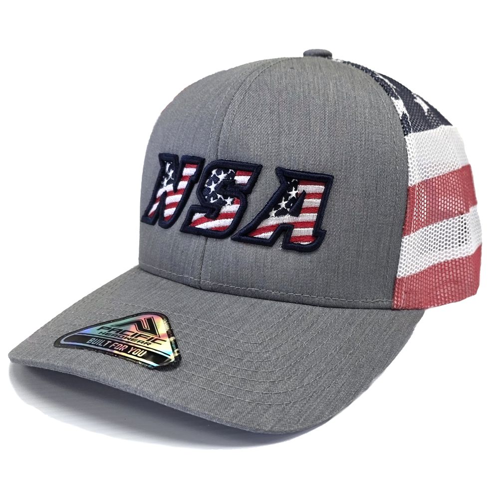 The Pacific Headwear NSA Flag Series Printed Snapback Hat: 104P features a gray trucker snapback, USA stars and stripes embroidery, a mesh back with American flag design, shiny brim sticker, and a bold 3D Outline Logo.