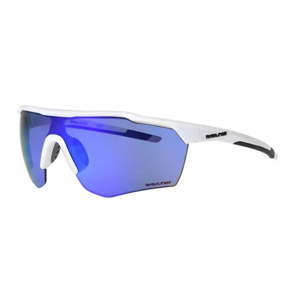 The Rawlings Youth RY Sunglasses: 102640 feature a sleek white frame, large blue-tinted mirrored impact-resistant lenses, black arm accents, and a modern aerodynamic design.