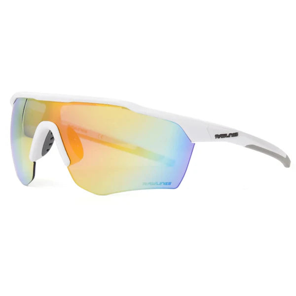 The Rawlings Youth RY Sunglasses (102640) feature a lightweight white frame and a single large iridescent lens with green, yellow, and purple hues. Impact-resistant lenses provide UVA/UVB protection. Rawlings branding is displayed on the arm.