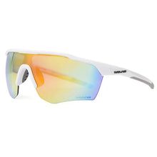 The Rawlings Youth RY Sunglasses (102640) feature a lightweight white frame and a single large iridescent lens with green, yellow, and purple hues. Impact-resistant lenses provide UVA/UVB protection. Rawlings branding is displayed on the arm.