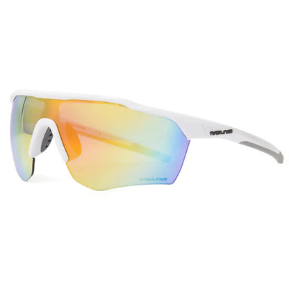 The Rawlings Youth RY Sunglasses (102640) feature a lightweight white frame and a single large iridescent lens with green, yellow, and purple hues. Impact-resistant lenses provide UVA/UVB protection. Rawlings branding is displayed on the arm.