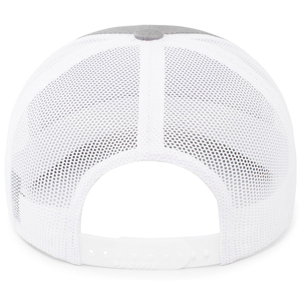 The image shows the back of a white Pacific Headwear NSA Script Trucker Snapback Braid Hat (104BR), featuring a 3D script logo, adjustable snapback closure, and breathable mesh for a classic sporty style.