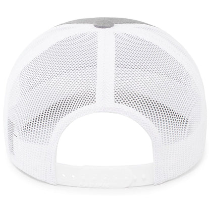 The image shows the back of a white Pacific Headwear NSA Script Trucker Snapback Braid Hat (104BR), featuring a 3D script logo, adjustable snapback closure, and breathable mesh for a classic sporty style.