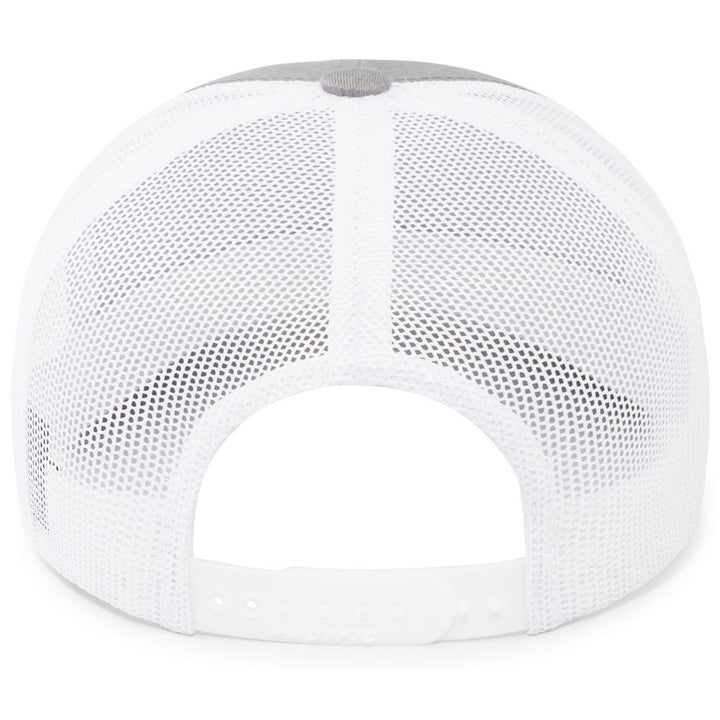 The image shows the back of a white Pacific Headwear NSA Script Trucker Snapback Braid Hat (104BR), featuring a 3D script logo, adjustable snapback closure, and breathable mesh for a classic sporty style.