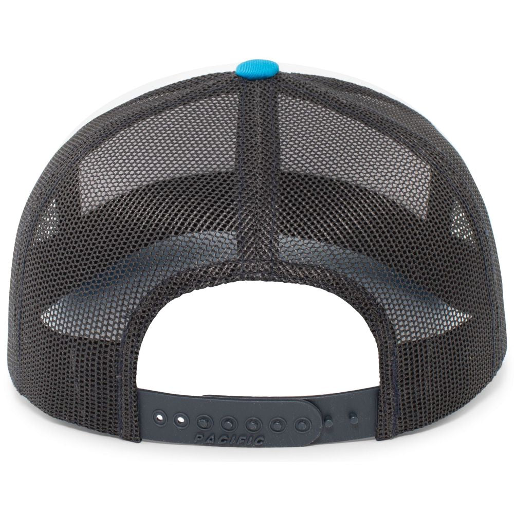 The NSA Script Trucker Snapback Braid Hat: 104BR by Pacific Headwear is a black mesh trucker hat with an adjustable snapback closure, blue top button, and classic style—ideal as a National Softball Association cap.