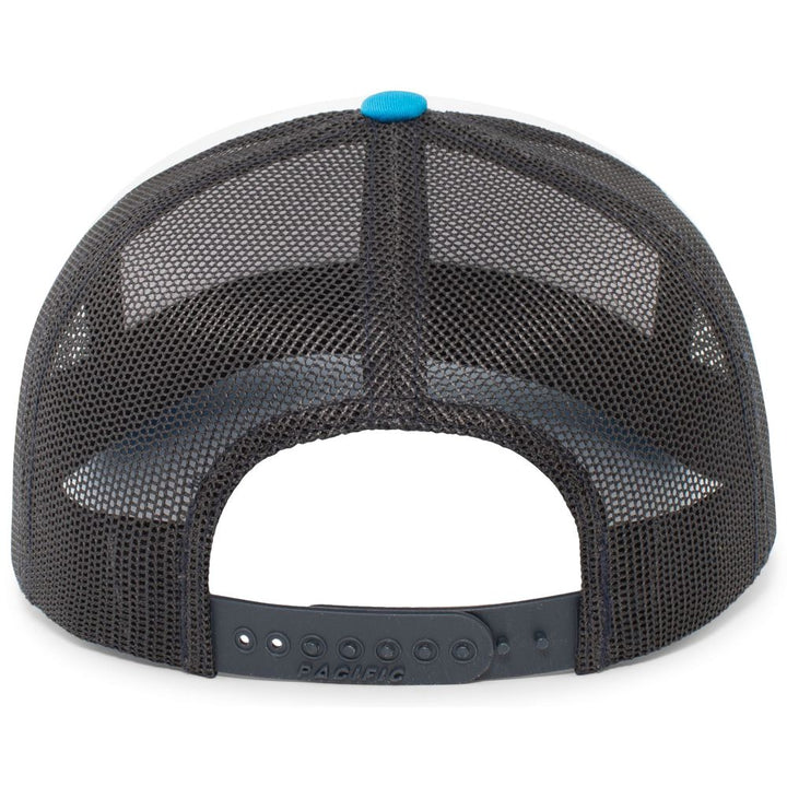 The NSA Script Trucker Snapback Braid Hat: 104BR by Pacific Headwear is a black mesh trucker hat with an adjustable snapback closure, blue top button, and classic style—ideal as a National Softball Association cap.