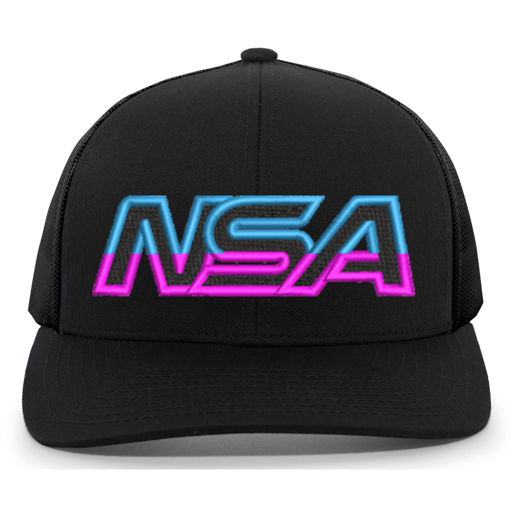 The NSA Outline Series Snapback Hat: 104 by Pacific Headwear is a black cap featuring bold NSA lettering in retro blue and pink neon—ideal for National Softball Association fans.