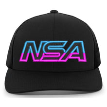 The NSA Outline Series Snapback Hat: 104 by Pacific Headwear is a black cap featuring bold NSA lettering in retro blue and pink neon—ideal for National Softball Association fans.