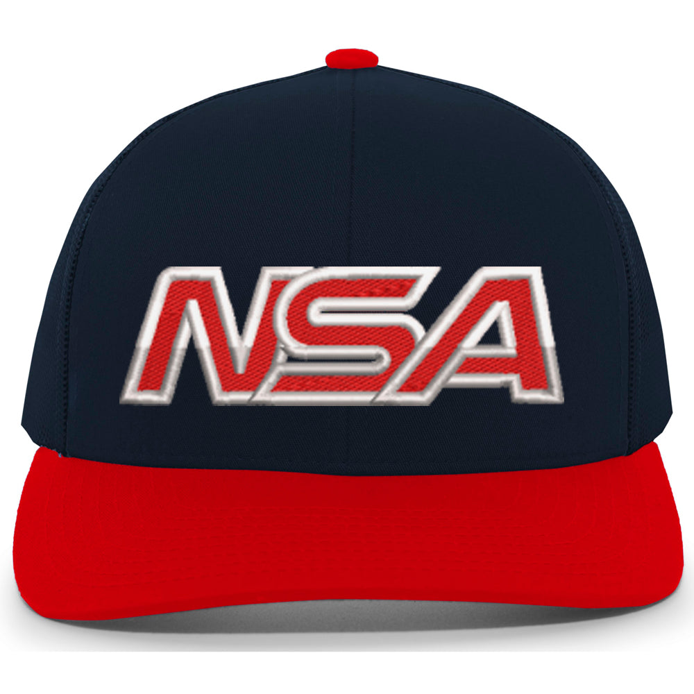 The Pacific Headwear NSA Outline Series Snapback Hat: 104 is a navy blue and red trucker cap with bold white and red NSA letters embroidered on the front for the National Softball Association.