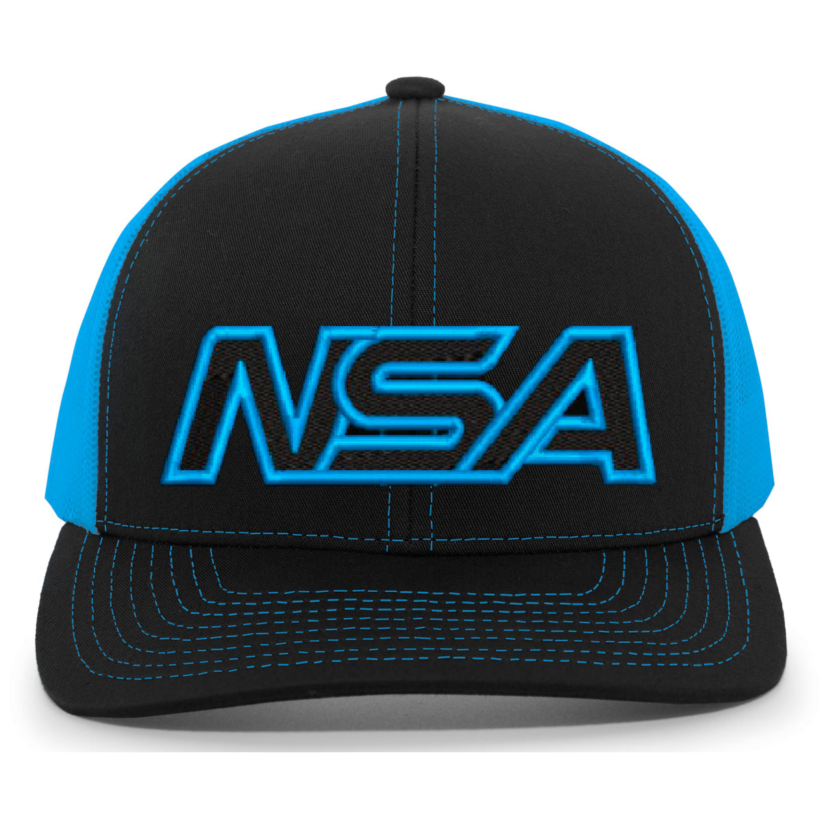 The NSA Outline Series Snapback Hat: 104 by Pacific Headwear features a black and blue design with bold blue "NSA" letters and matching stitching—perfect for National Softball Association fans.