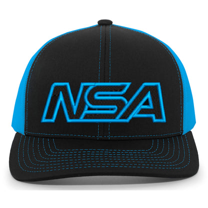 The NSA Outline Series Snapback Hat: 104 by Pacific Headwear features a black and blue design with bold blue "NSA" letters and matching stitching—perfect for National Softball Association fans.