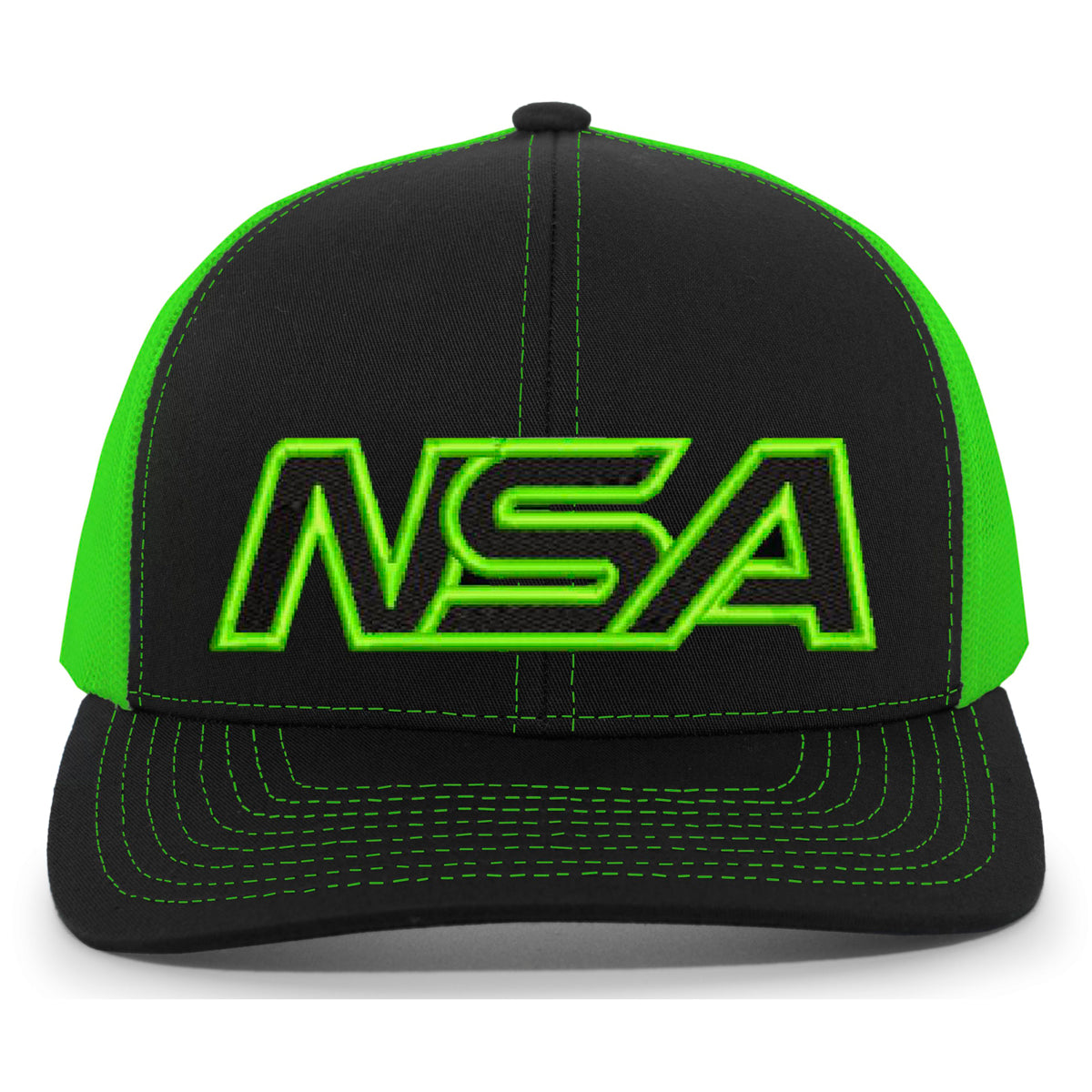The NSA Outline Series Snapback Hat: 104 by Pacific Headwear features bold neon green “NSA” embroidery outlined in black on a black and neon green trucker cap, accented with matching green stitching for standout style.
