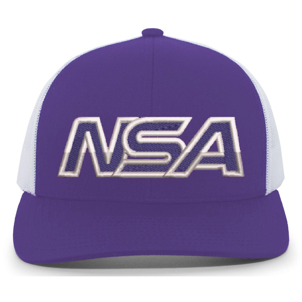 The NSA Outline Series Snapback Hat: 104 by Pacific Headwear showcases bold silver NSA lettering on a purple and white cap—ideal for National Softball Association fans.