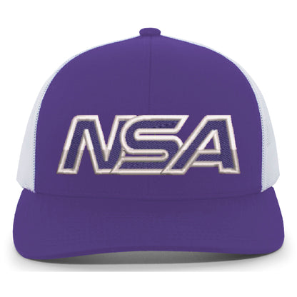 The NSA Outline Series Snapback Hat: 104 by Pacific Headwear showcases bold silver NSA lettering on a purple and white cap—ideal for National Softball Association fans.